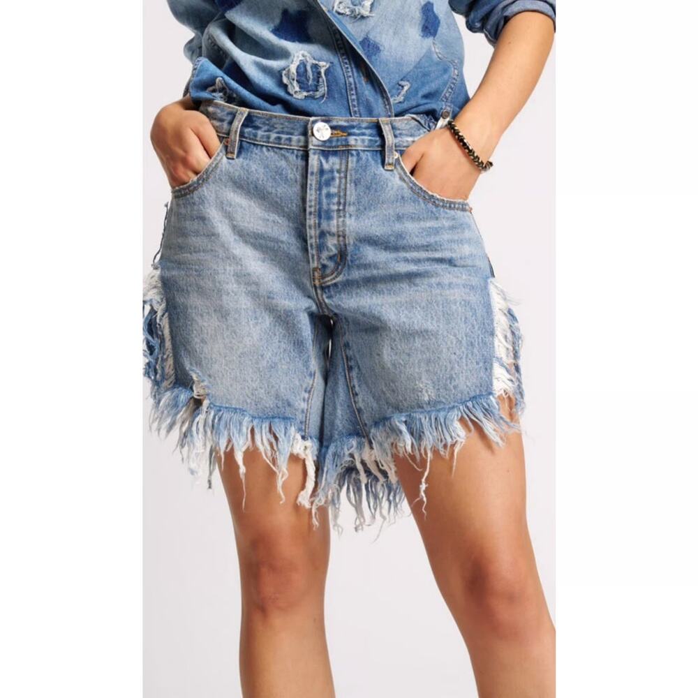 One Teaspoon Light Blue Distressed Denim Jean Shorts Frayed Edges